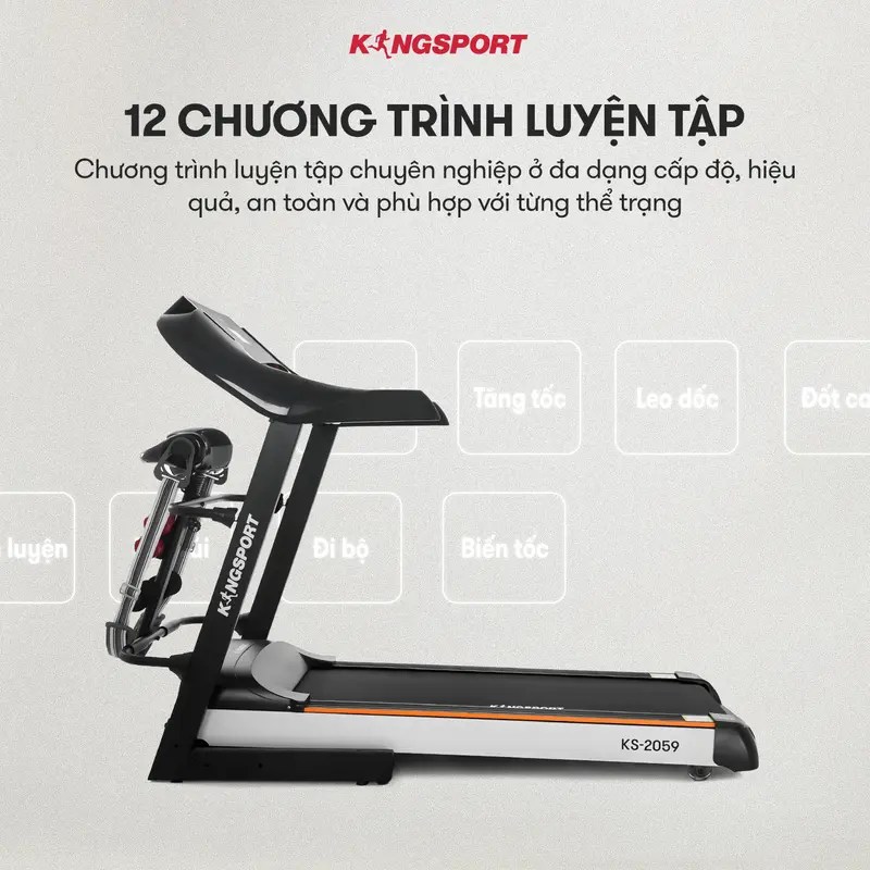 Livestream| Máy chạy bộ KINGSPORT KS-2059 New nâng dốc tự động 18%, tốc độ tối đa 18km/h, kèm đai massage và thanh gập bụng 4