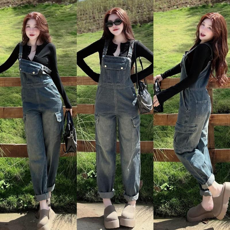 Yếm quần jean dài, túi hộp màu bụi, jean cotton không co giãn ạ Women Nữ
