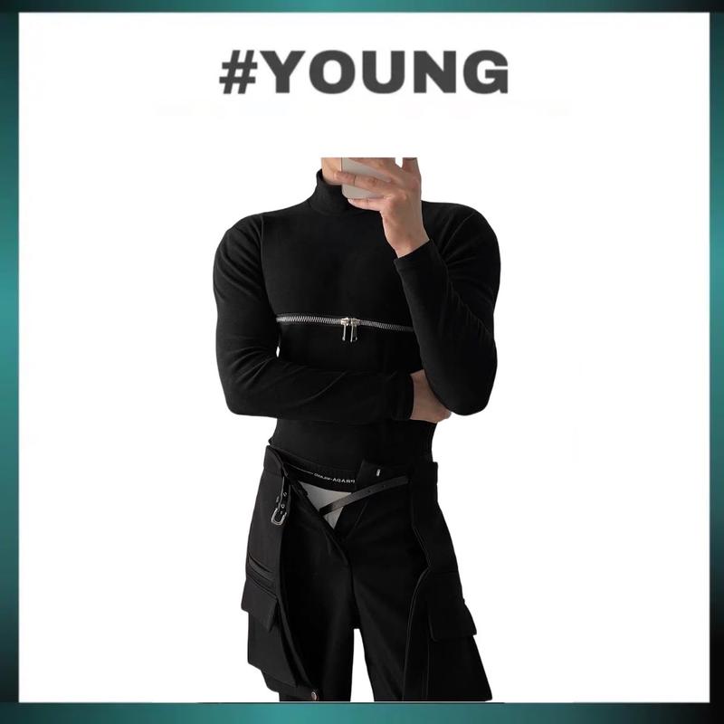  Áo Thun Cổ Lọ Form Slim Fit Điểm Nhấn Dây Kéo Có hoa Cotton 