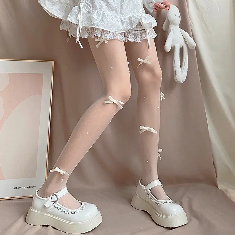 Quần Tất Nơ Ngọc Trai Jk Nhật Bản, Tất Lụa Trắng Ngọc Trai Thắt Nơ, Quần Bó Lolita Màu Hồng Cho Nữ, Định Hình, Siêu Mỏng, Chống Móc, Áo Liền Quần Lụa Lolita 7