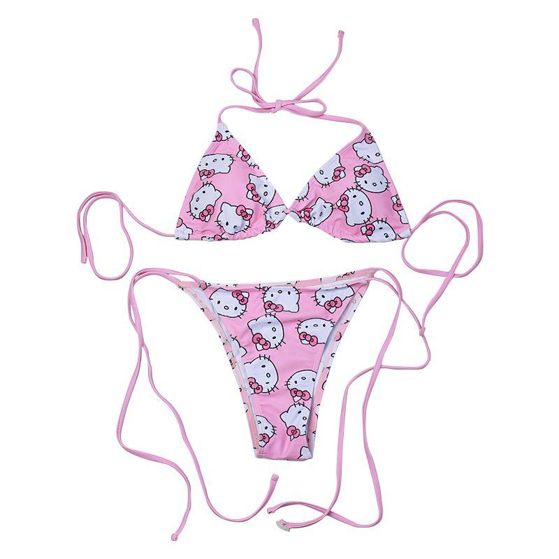 Áo Tắm Bikini, Kitty Cô Gái Dễ Thương, Phong Cách Tam Giác, Màu Hồng, Có Đệm Ngực Có Thể Tháo Rời Thích Hợp Cho Kỳ Nghỉ Bãi Biển, Đồ Bơi 5