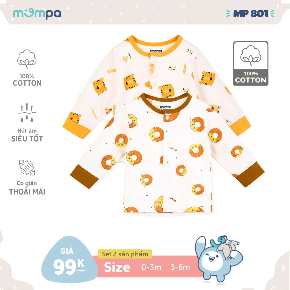 Set 2 áo dài tay cho bé sơ sinh Mompa 0-9 tháng cúc giữa vải Cotton co giãn mềm mịn 801