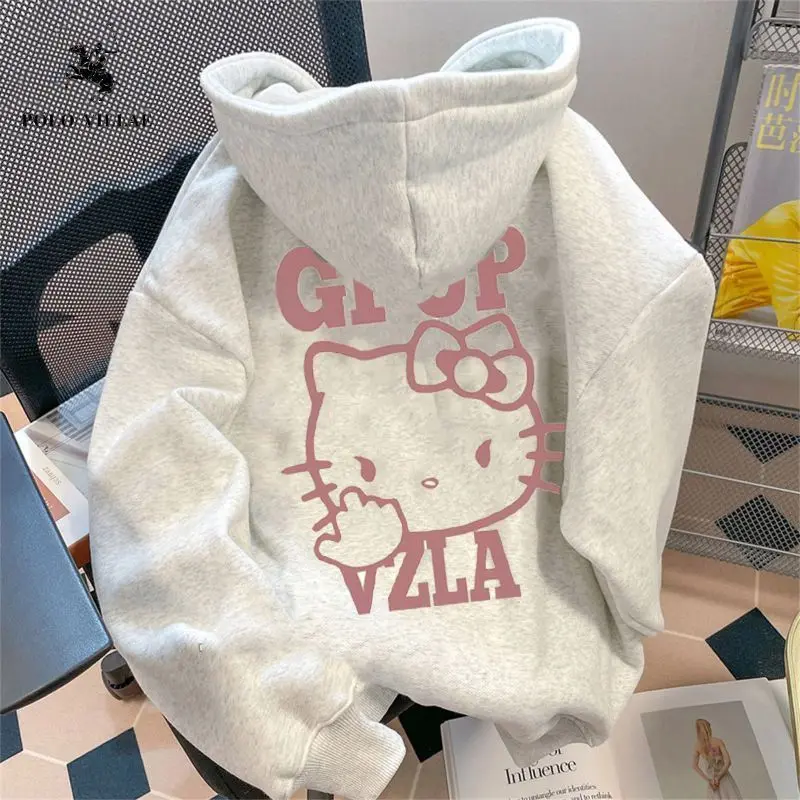 Áo Len Hello Kitty, Phong Cách Đại Học Ngọt Ngào Và Ngầu, Có Mũ Trùm Đầu, Dành Cho Nữ, Mùa Thu Và Mùa Đông, Lót Lông Cừu, Dopamine Dáng Rộng Vừa Vặn, Áo Mèo Kitty, Năm 2024