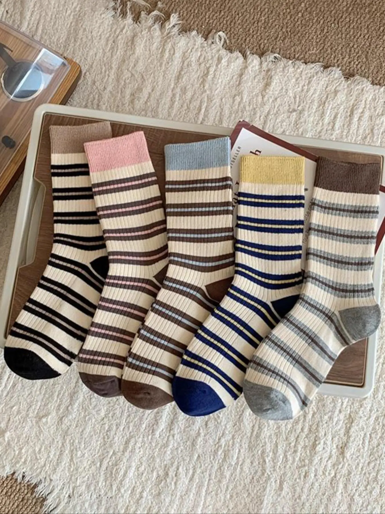 Women's Striped Print Mid-calf Socks, Casual Comfy Breathable Socks for Daily Wear, Women's Socks for All Seasons