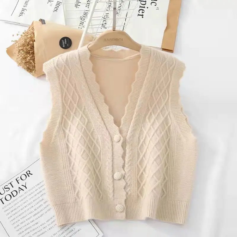 Áo Vest Dệt Kim, Hàng Mới Về Mùa Thu Của Phụ Nữ, Dáng Rộng Vừa Vặn, Phong Cách Phương Tây, Áo Len, Không Tay, Áo Ghi Lê, Áo Vest Cardigan Cổ Chữ V, Thích Hợp Cho Áo Khoác Cơ Sở 1