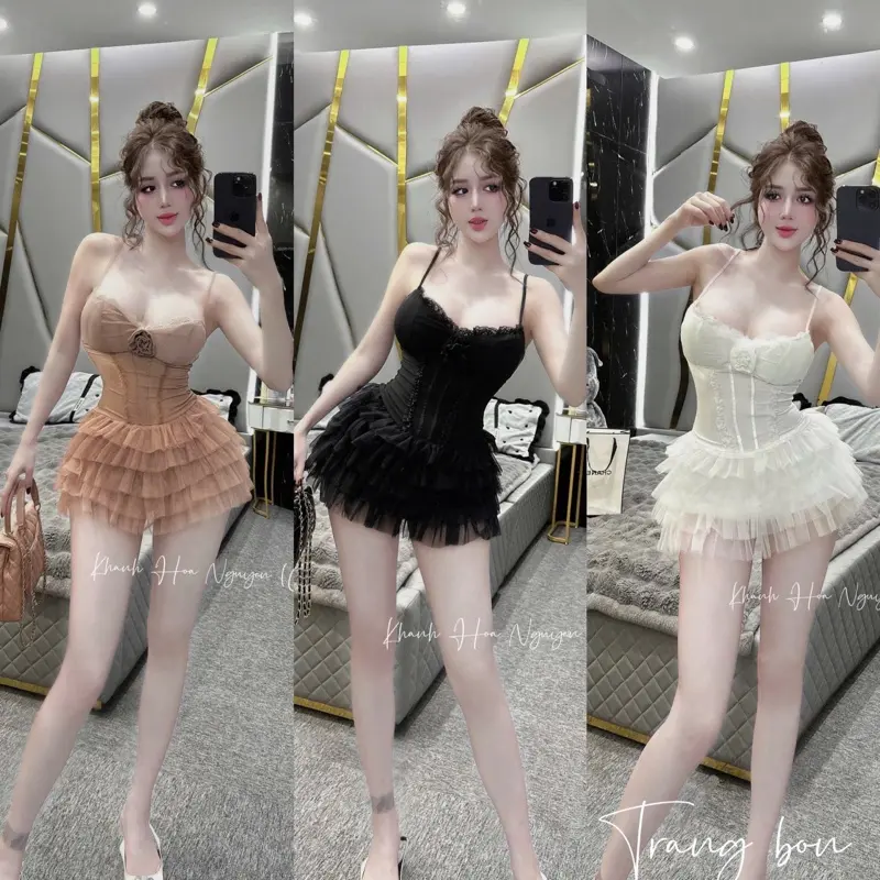 ️Đầm hai dây viền ren nhún tùng nhiều tầng đính hoa siêu xinh 0