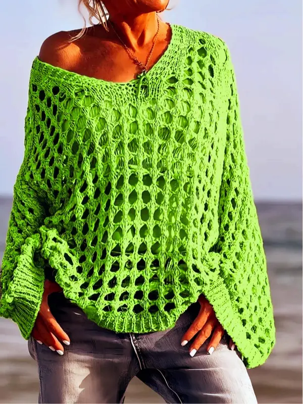 Women's Plain Hollow Out Sweater, Casual   Long Sleeve Jumper for Summer, Fashion Women's Knitwear for Daily Wear 8