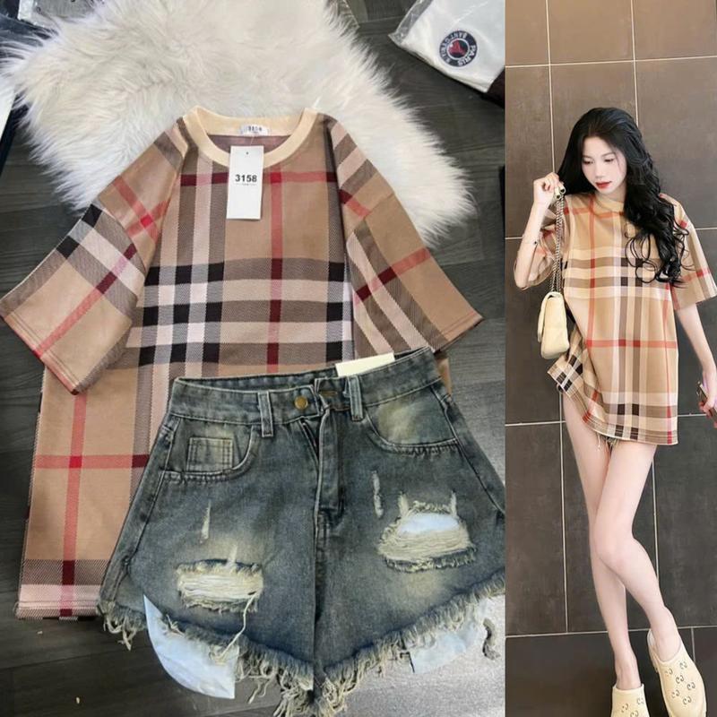 Set Áo Phông Kẻ Toàn Thân Mix Cùng Quần Short Jean Hở Túi - Women [hàng mới về] Women 7