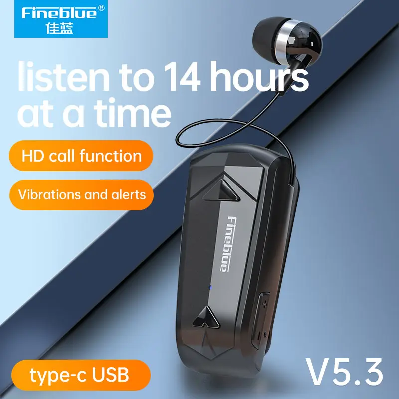 Fineblue F520 Wireless Earphone,Bluetooth 5.3 Retractable Cord Portable Headset, Single Ear Buds, Vibrate When Call Coming, Good for Driving and Riding, Work for 12 Hours More, Clip on Collar, Anti-lost, Electronic Audio Earbud