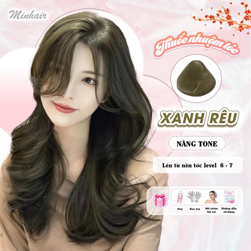 Thuốc nhuộm tóc Xanh Rêu không cần tẩy tóc, tặng kèm oxy trợ dưỡng và bao tay, bịt tai, trùm đầu, Minhair Đổi Màu Tóc Nam Nữ Women