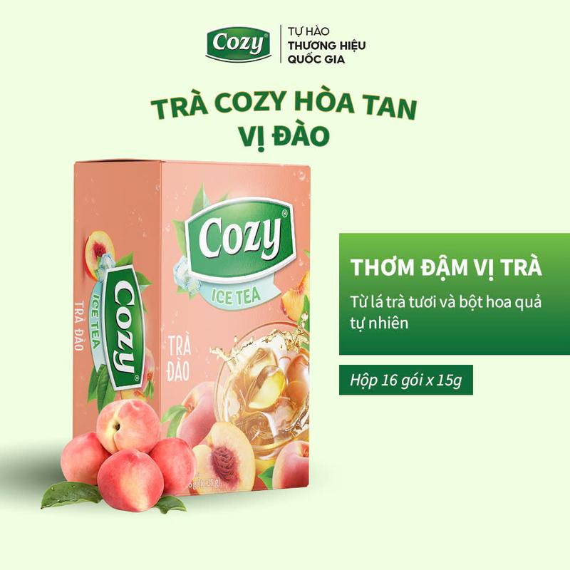 Trà Đào Hoà Tan Cozy Ice Tea (16 gói x 15gr) Thức Uống Giải Khát Thanh Nhiệt Tươi Mát Nước Trà Thơm, Từ Lá Chè Sạch Tươi Nguyên Chất