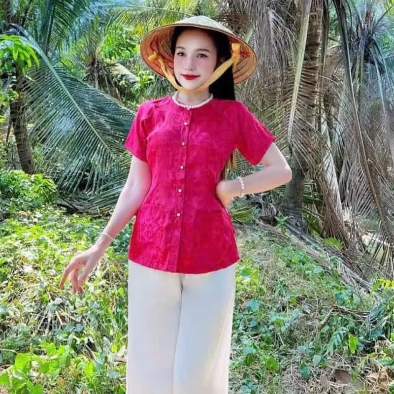 Áo Lẻ Bà Ba Cổ Tròn Tay Ngắn Nút Ngọc Có Túi   Nữ Women Top