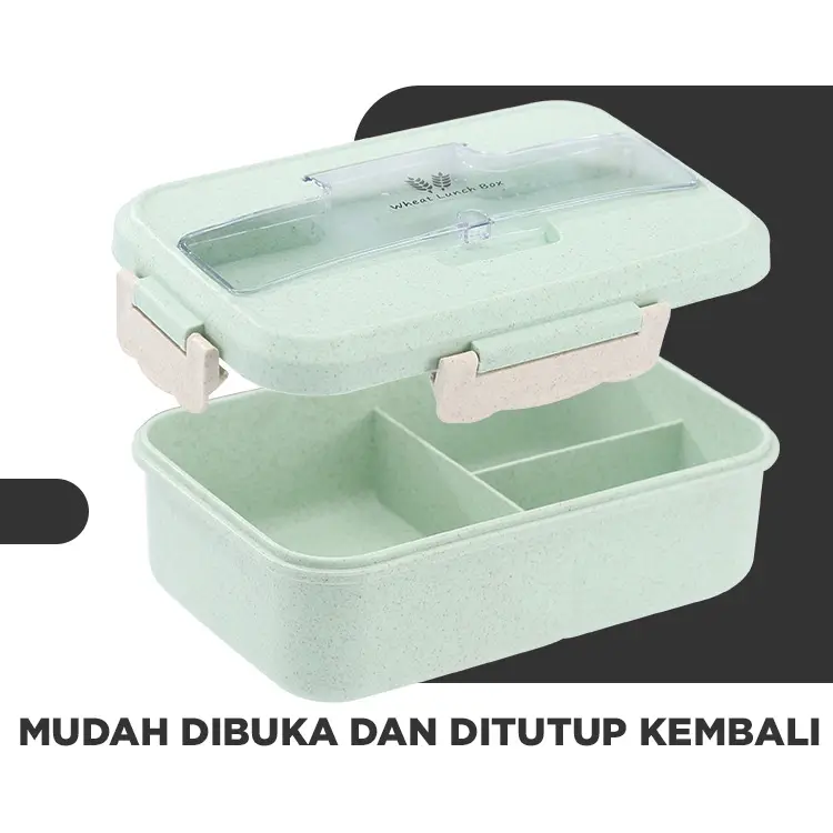 LUNCH BOX SET KOTAK BEKAL MAKAN JERAMI GANDUM KOTAK MAKAN ​1000ML 4-IN-1 FREE SENDOK TEMPAT MAKAN Buah Peralatan Silikon Biru 2