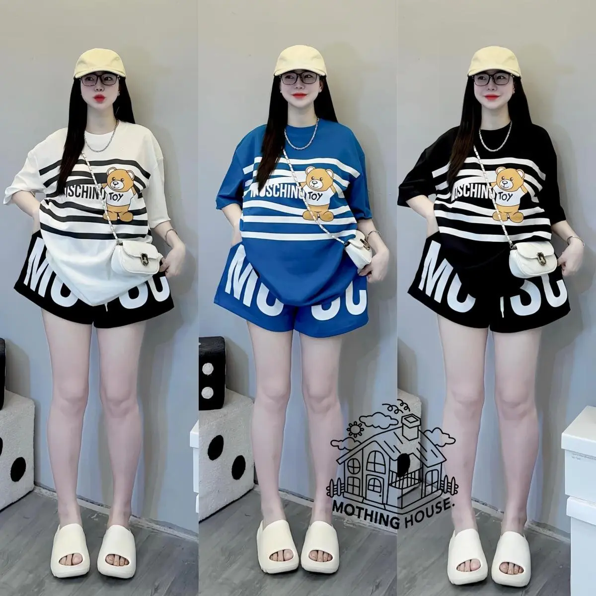 Fashion Set for Women Summer Loose Striped Bear Short Sleeve T-Shirt Shorts Sports Casual Short Sleeve T-Shirt + Wide Leg Pants 2-Piece Set Trendy