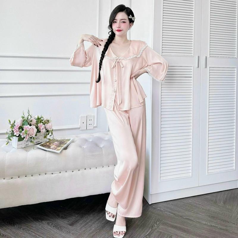 Đồ Bộ Nữ Mặc Nhà Lụa Latin Kiểu Dáng Tiểu Thư Áo Gợn Sóng Viền Ren Quần Có Túi Dưới 65kg (95-80-100) - Tua Rua - Women Quần Ngủ Thun