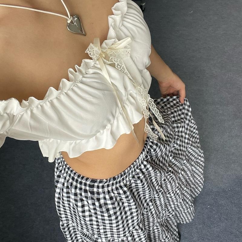 Áo croptop trễ vai nhún bèo ren nơ phong cách Pari cho nữ - Women ảnh thật shop chụp