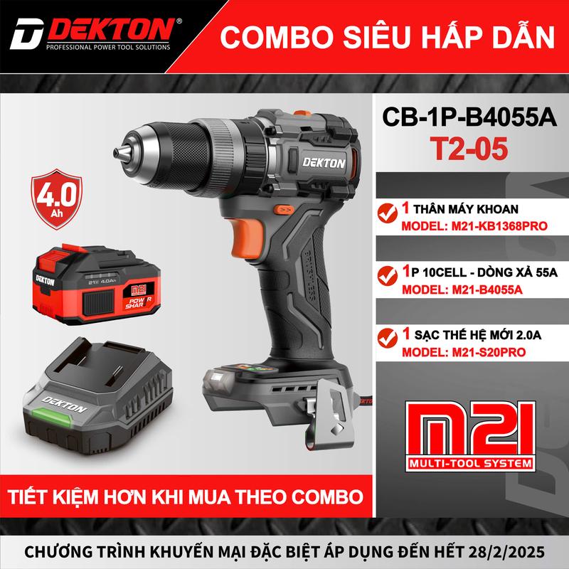 [Combo Máy Khoan Giá Tốt] Máy Khoan 3 Chức Năng Dekton M21-KB1368PRO / Đầu Kẹp 13MM Brushless / Eco-TurBo / Tạo Xung / Chân Pin Phổ Thông Makita