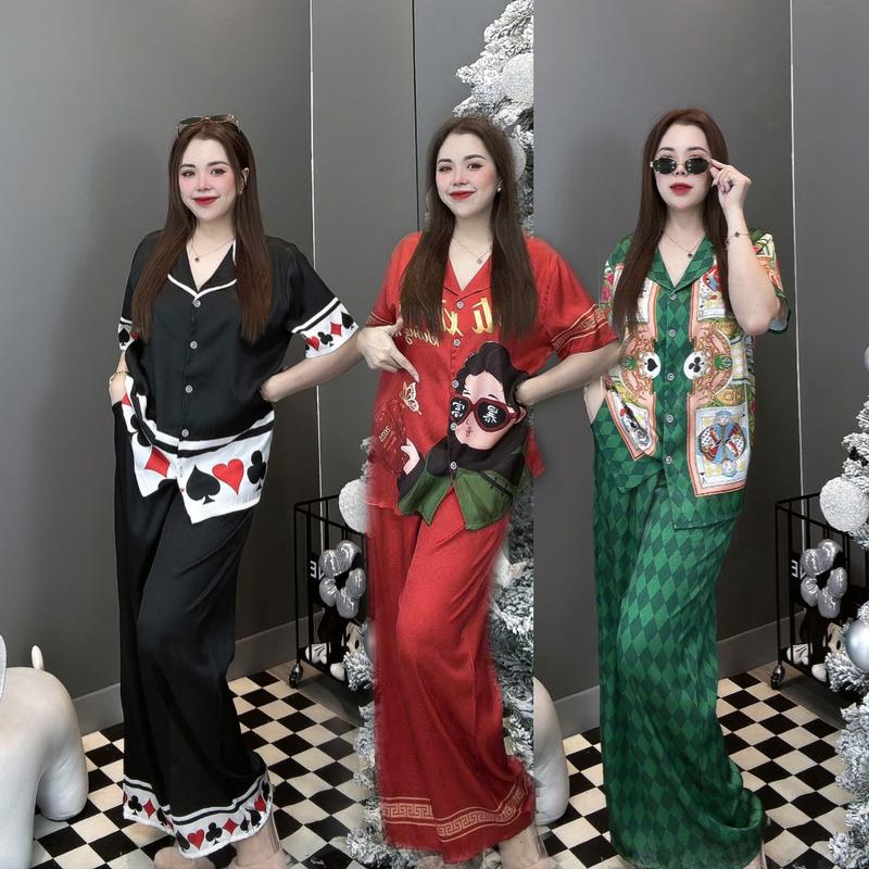 Đồ bộ nữ họa tiết lá bài mặc tết dễ thương, đồ bộ pizama lụa xước mềm mịn 48-80kg Top Women