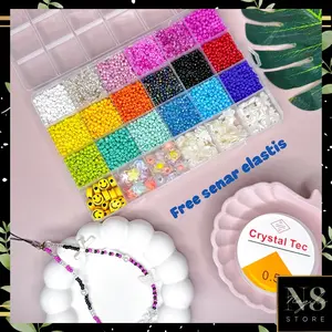 Set Perhiasan Fashion Aksesoris Manik-Manik Lengkap Aesthetic Gelang Cincin Kalung / DIY Gelang manik box meronce manik anak / Beads Kit DIY 24 Warna Aesthetic/ STARTER PACK UMKM MANIK/ STARTER PACK USAHA MANIK
