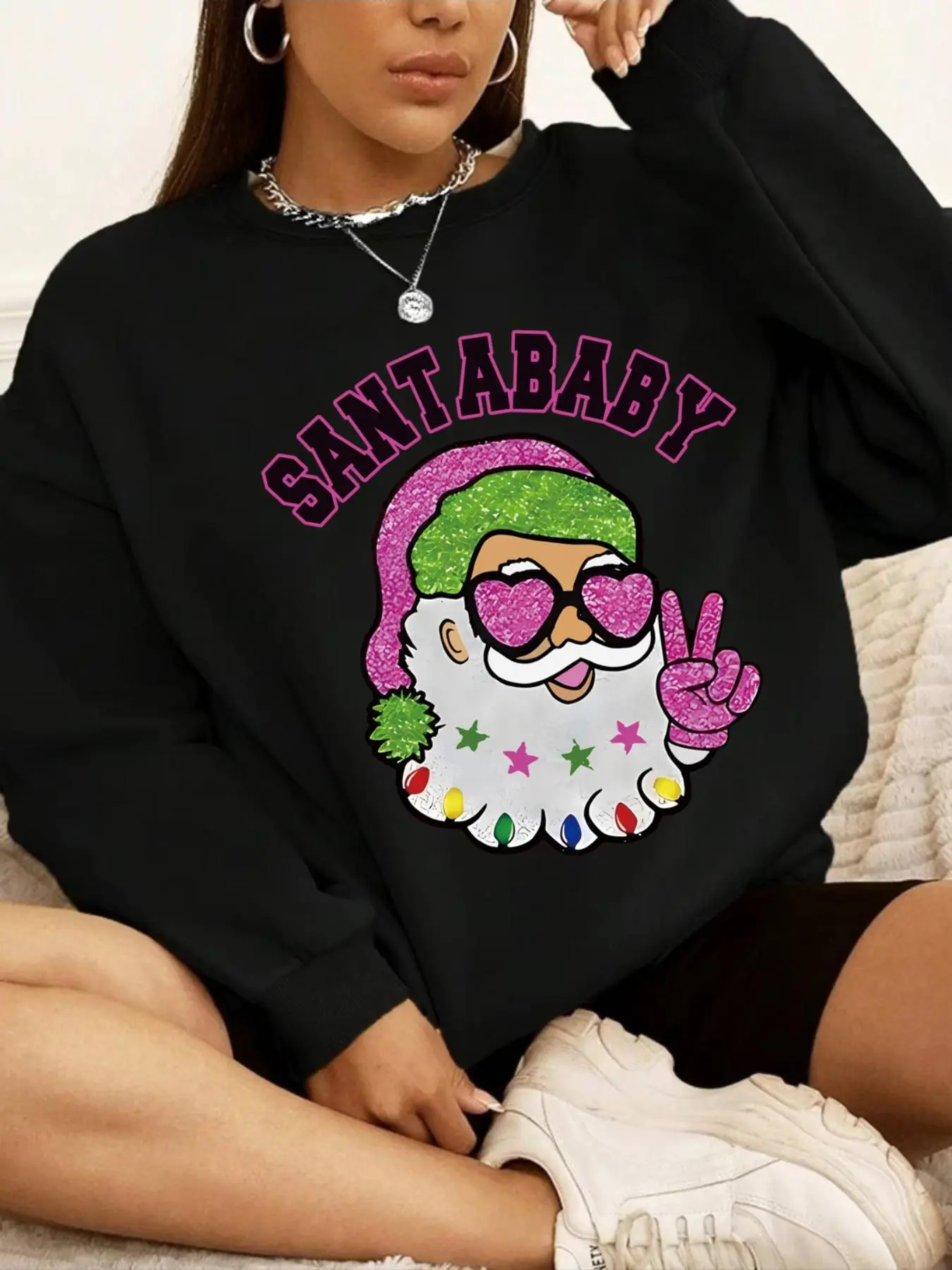 【Plus Size】 Letter & Santa Claus Print Christmas Drop Shoulder Sweatshirt, Casual Long Sleeve Round Neck Pullover for Fall & Winter, Women's Clothing for Daily Wear