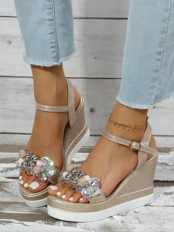 Women's Fashionable Flower Decorated Platform Sandals, Casual Comfortable Wedge Sandals for Summer, Female All-match Round Toe Sandals for Daily Wear, Girl 6