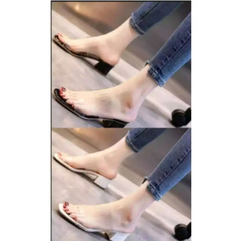 Sandal wanita Hak tahu 3cm ban duaika bening Flat Hitam  Karet Putih