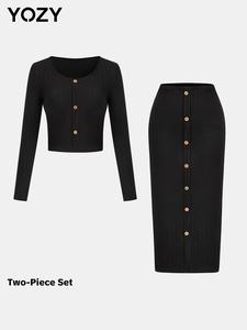 YOZY Women's Solid Fake Buttons Top & Elastic Waist Skirt Ribbed Two-piece Set, Casual Long Sleeve Round Neck Top & Skirt for Fall & Winter, Women's Clothes for Daily Wear, Valentine's Day Gift for Girl