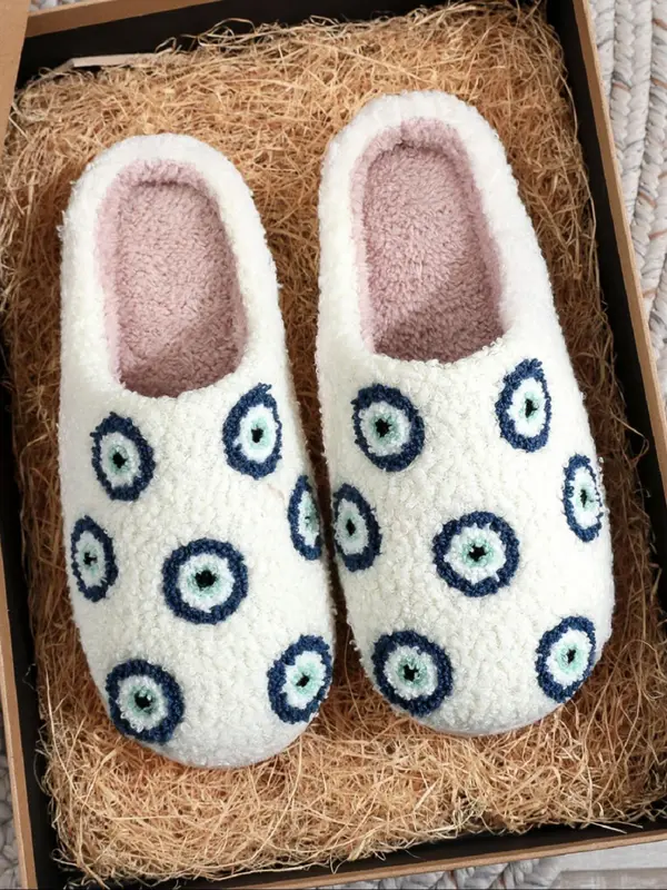 Women's Cartoon Eye Design Plush Slippers, Casual Soft Comfortable Home Slippers, Warm Slippers for Indoor & Outdoor Use for All Seasons 0