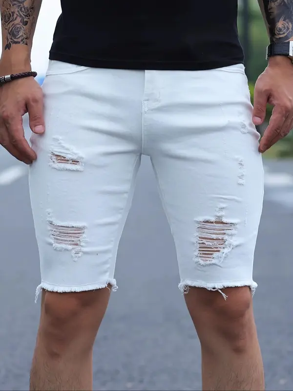 Men's American Retro Style Solid Color Distressed Ripped Denim Shorts, Street Fashion Casual Comfy Pocket Denim Shorts for Summer, Trendy Men's Bottoms for Daily Wear 0