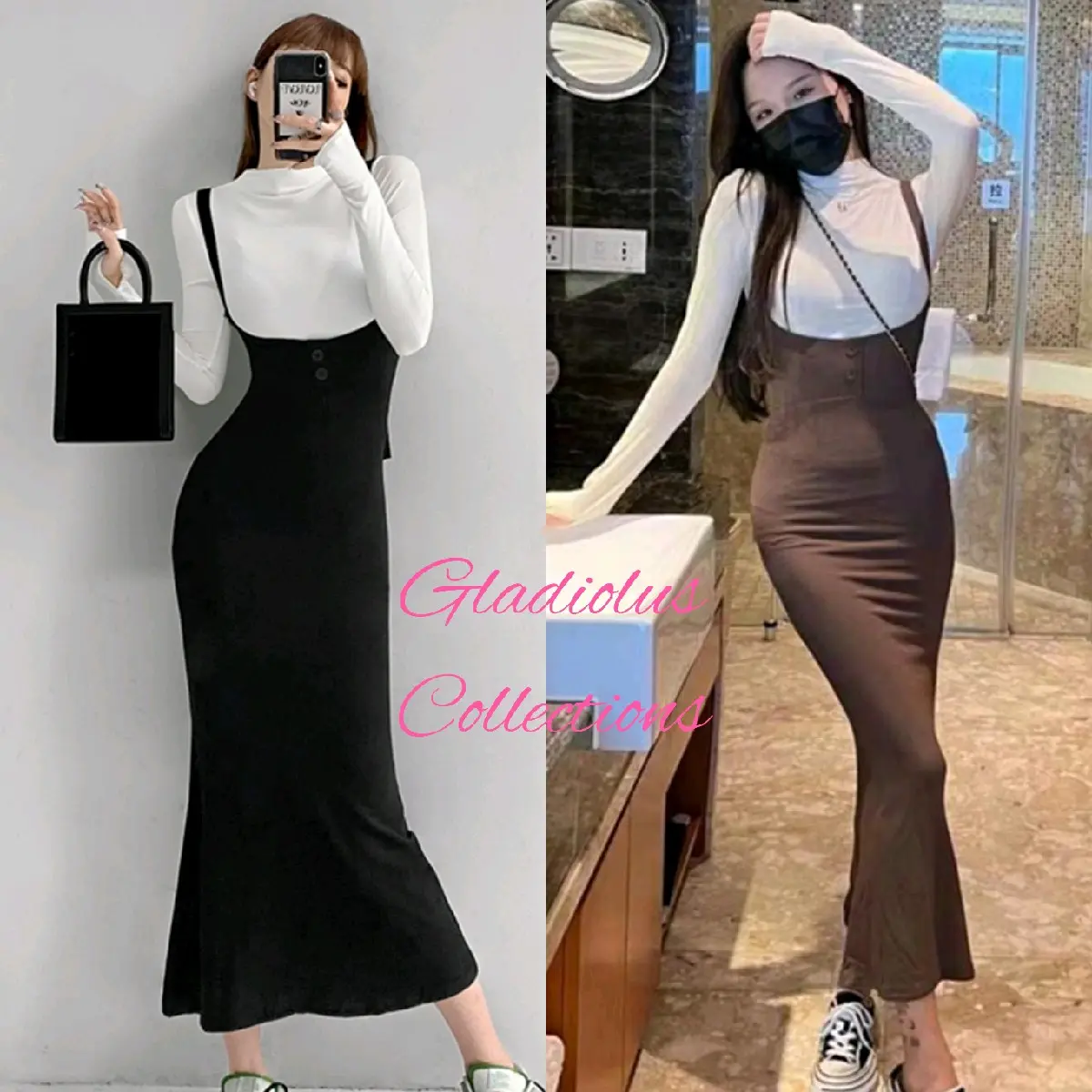 ( S - XL ) Korean Jumper One Set Top Long Sleeve Setelan Wanita Atasan Lengan Panjang dan Rok Panjang