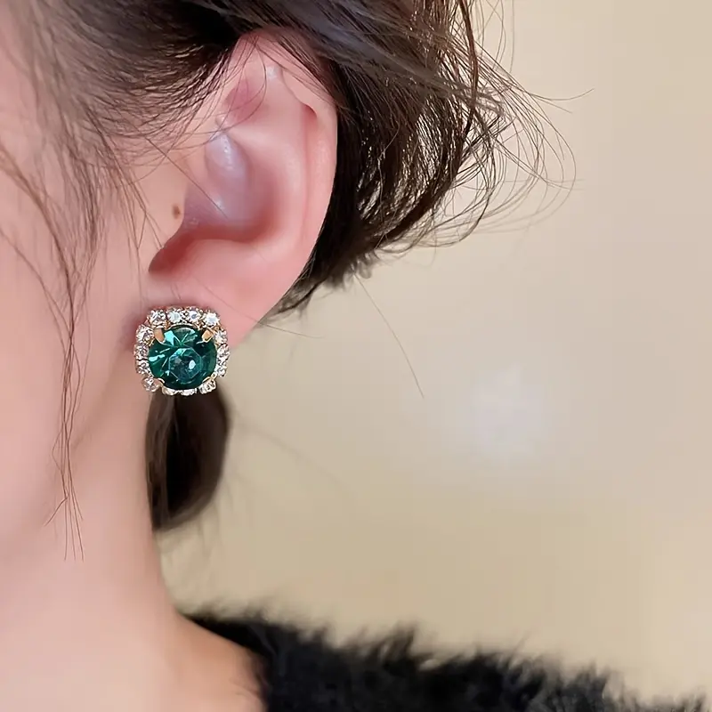 Green Rhinestone Necklace & Earrings Set for Women, Elegant Ball Party Clavicle Chain Accessories, Sparkling Gift Set 5