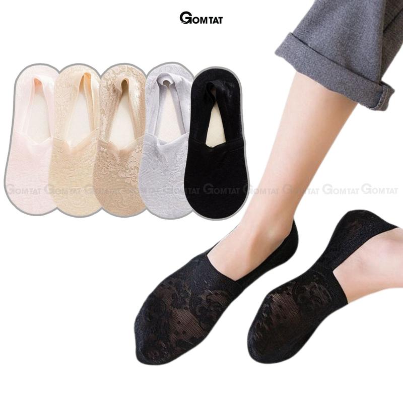  Set 5 đôi tất lười nữ đi giày búp bê GOMTAT vớ vô hình chất liệu lụa phối ren cao cấp có bo thun chống tuột gót - LUAREN-PO-3028-CB5 