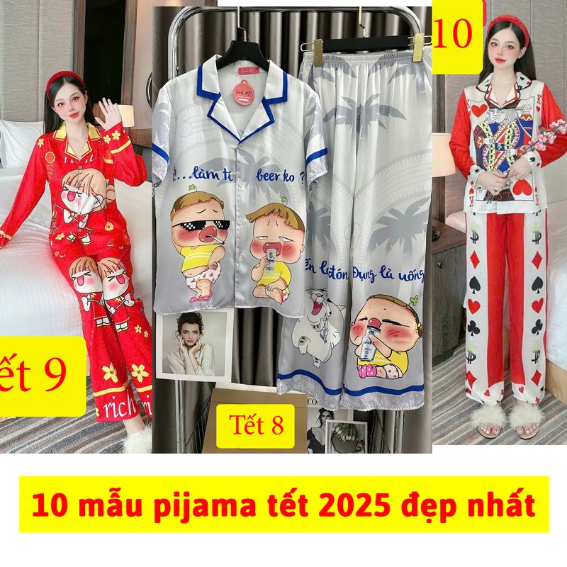 [40-70kg] Đồ bộ pijama tết 2025 ất tỵ mới nhất vải lụa ánh kim mềm mát 0