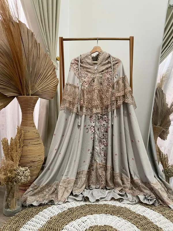 Mukena Azeen Alfurqon Dewasa Silk Renda Mewah Premium Cantik Adem Nyaman  Free Pouch Traveling Muslim Bawahan Atasan Kombinasi Bunga 1