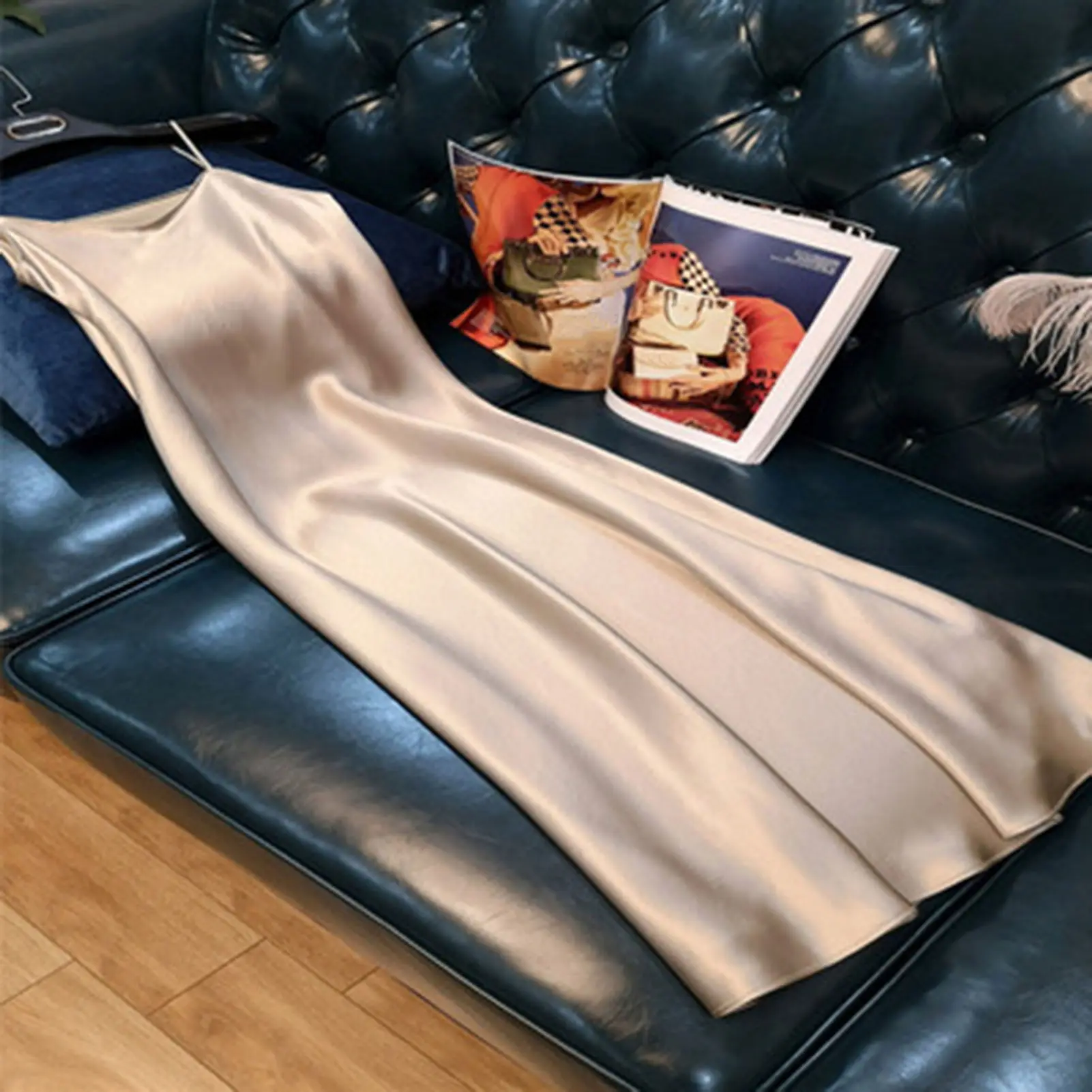 Women Slip Dress Silky Satin V Neck Spaghetti Strap Solid Color Plus Size A-line Loose Hem Backless Sleeveless Strappy Dress Prom Party Midi Dress