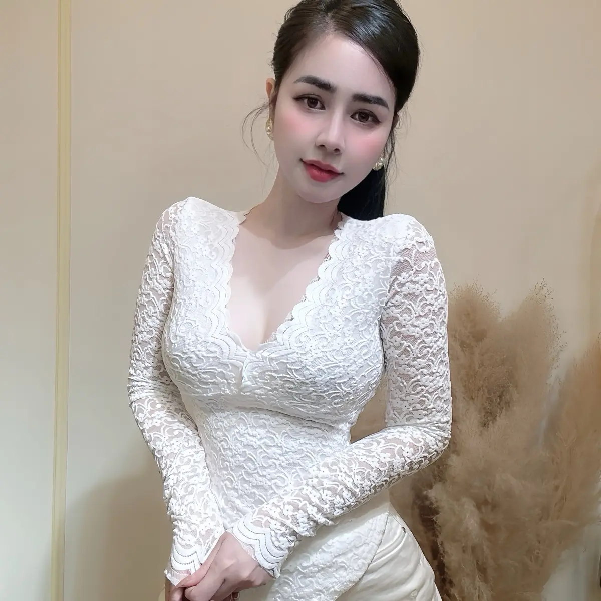 Áo Ren Nữ Tay Dài Đuôi Tôm Vạt Bầu Co Giãn  D4