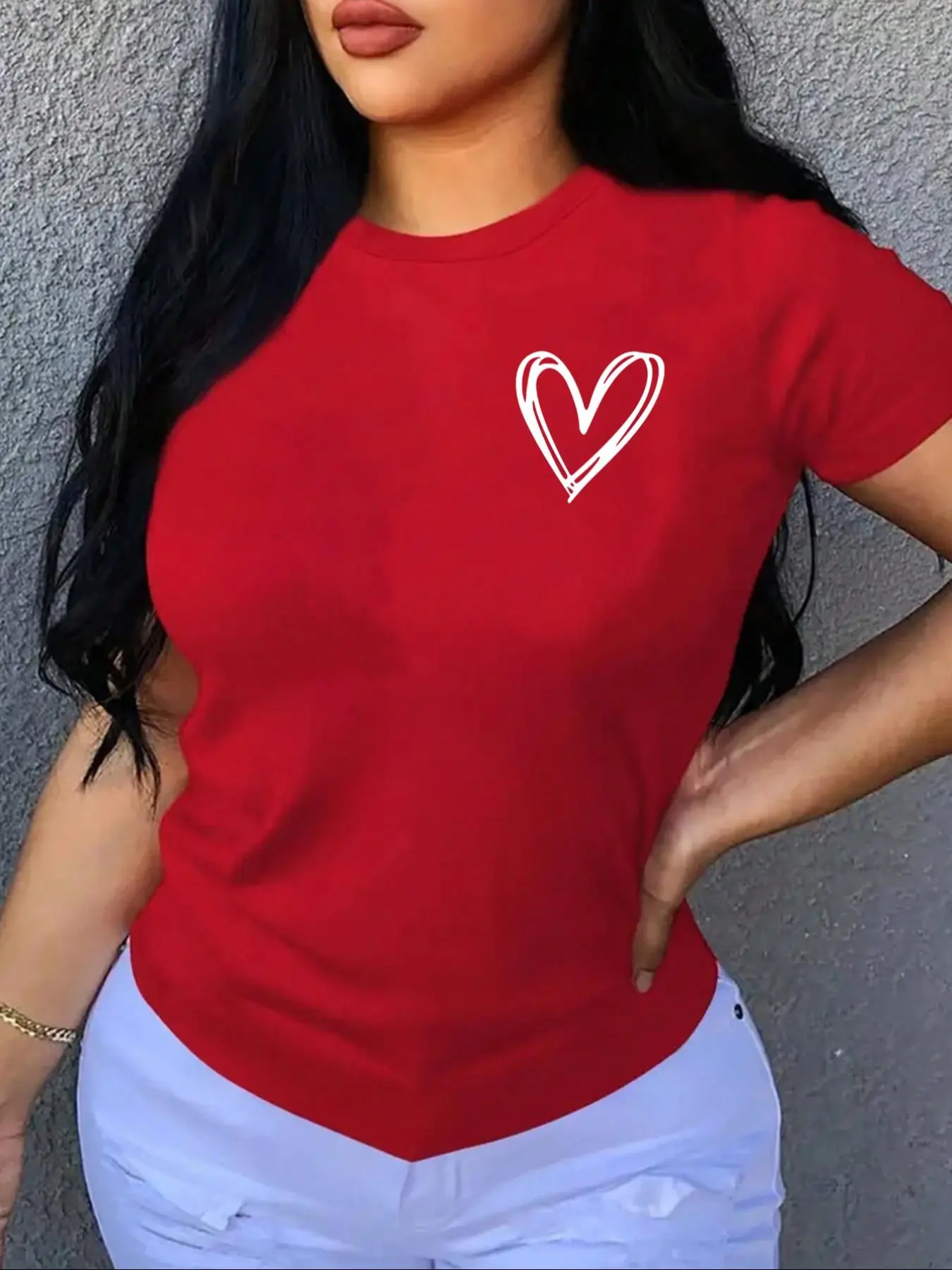 Women's Heart Print Drop Shoulder Tee, Summer Clothes, Casual Half Sleeve Round Neck T-Shirt for Summer, Fashion Women's Top for Daily Wear