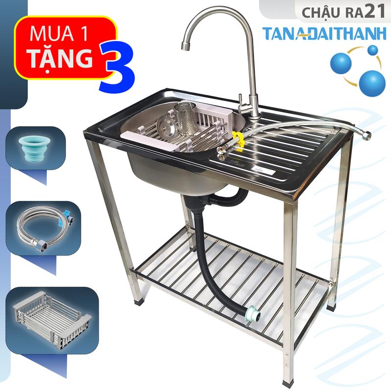 Bộ Chậu rửa bát 1 Hộc 1 Bàn Tân Á Đại Thành Có Chân Kèm Vòi Nước Lạnh - Hàng Chính Hãng Tặng rổ rút, dây cấp inox, đầu nối ống xả chống hôi