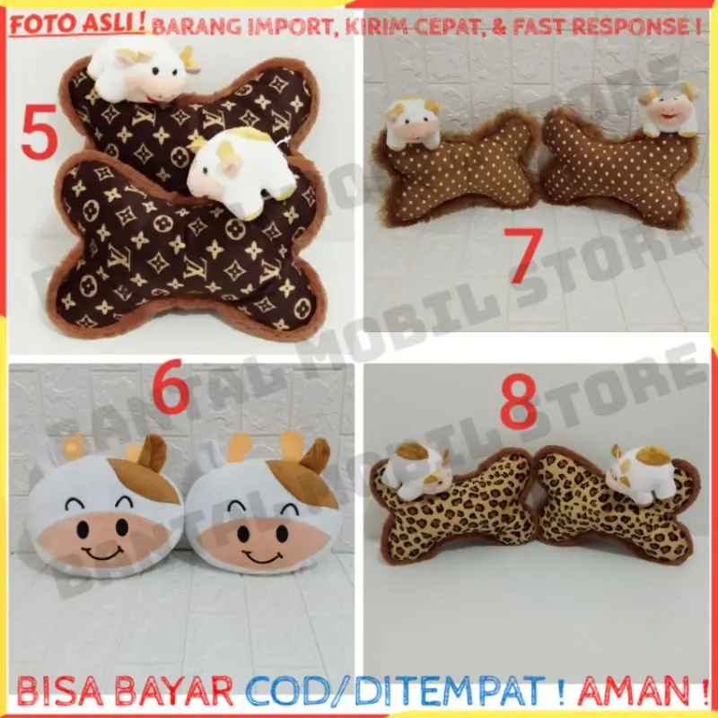 SET CAR BANTAL SANDARAN HEADREST JOK KEPALA LEHER TISU TISSU TISUE TISSUE SAFETY BELT SABUK PENGAMAN KURSI TRAVEL TRAVELING TRAVELLING MOBIL BONEKA KARAKTER SAPI DOMBA KAMBING coklat krem kream crem cream PUTIH K