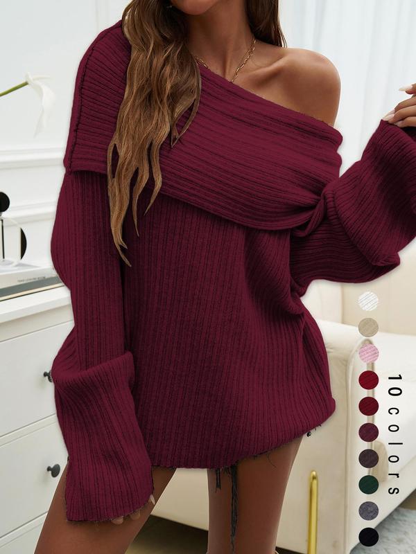 Women's Solid Off Shoulder Drop Shoulder Sweater, Trendy Elegant Fashion Casual Long Sleeve Jumper for Daily Outdoor Wear, Women Knitwear for Fall & Winter 1