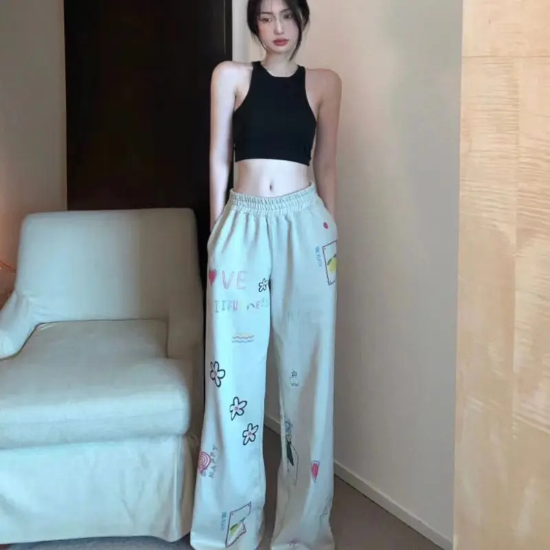 OOTD-Quần Thể Thao Ống Rộng In Hình Vui Nhộn Đường Phố Ins Mỹ Cho Nữ, Quần Nỉ Thường Ngày Dáng Rộng, Thời Trang Xuân Hè Thu