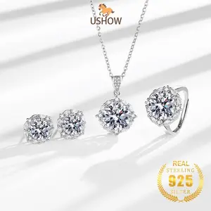 USHOW Set Kalung Kancing Telinga Cincin Mewah Perhiasan Zirkon 5A Perak 925