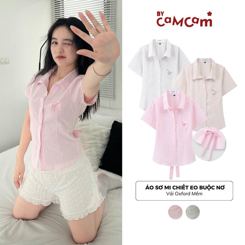 Áo Sơ Mi Chiết Eo Buộc Nơ Có Túi Ngực Dành Cho Nữ Phong Cách Hàn Quốc