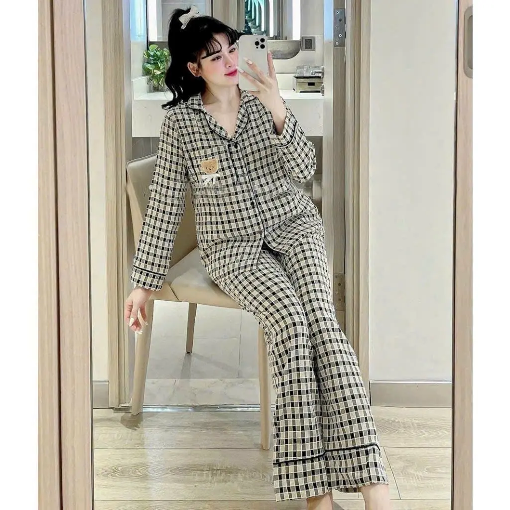Bộ pijama dài tay cổ bẻ chất đũi nhung size M/L 40-60kg
