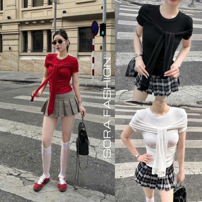 Áo Thun Kiểu Nữ Bigsize Kèm Dây Buộc Ngực Sora Fashion,Áo Kiêu Nữ Nhún Eo Chất Liệu Thun Tăm Hàn 164 Kem Top Women