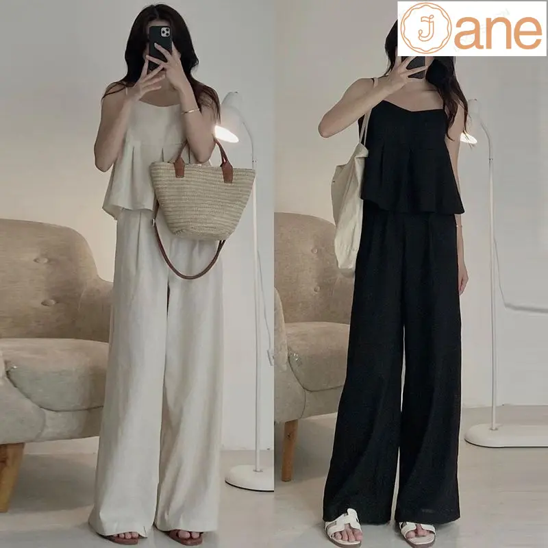 JTZ*Summer French minimalist square neck solid color tank top+high waist versatile wide leg casual pants se，Leisure outdoor travel party set, lazy style,
