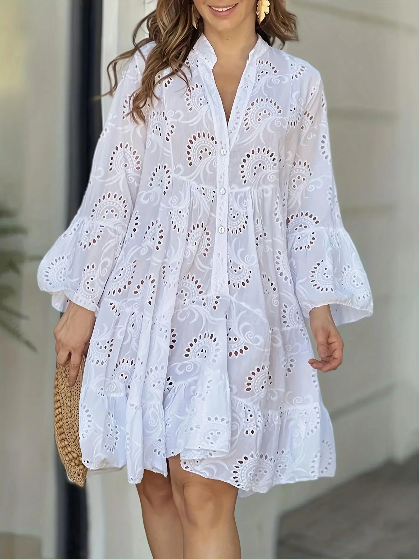 Plain Eyelet Embroidery Notched Neck Smock Dress, Elegant Flounce Sleeve Button Front Short Dress for Vacation Holiday, Women's Clothes for All Seasons, Dresses for Women, Womenswear
