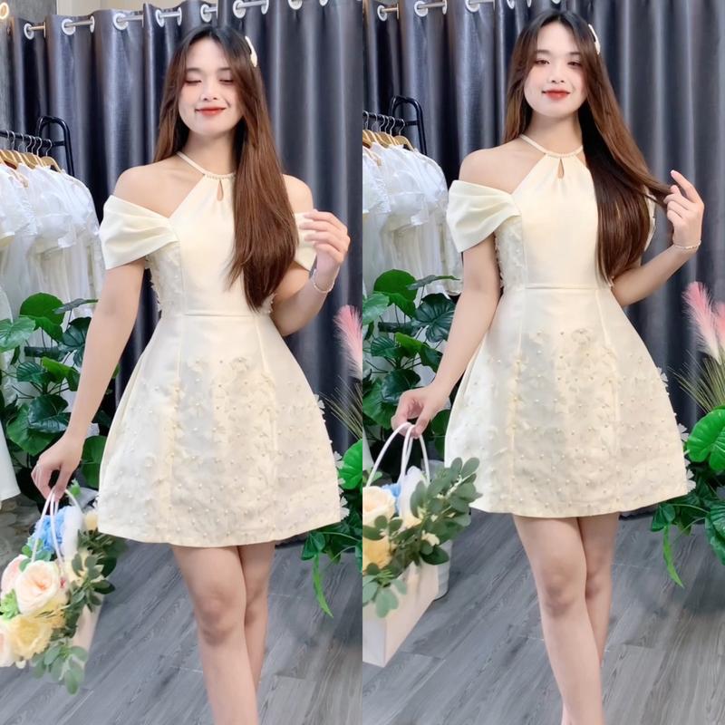 Miiu shop - Váy dự tiệc cổ yếm vai trễ, váy thiết kế