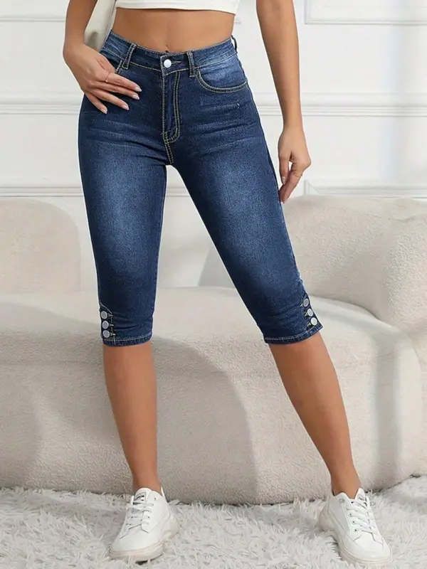 Women's Plain Button Pocket Capri Denim Pants, Slim Fit Casual Basic Minimalist Comfy Skinny Capri Jeans for Daily Wear, Capri Pants, Ladies Bottoms for Summer, Womenswear, Light Wash, Casual Denim Trousers, Streetwear, Solid Pocket Jeans 8
