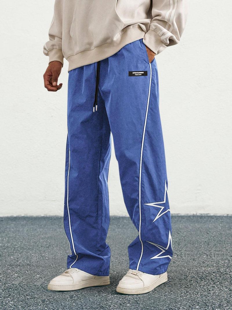 Product Introduction of Men's Loose Star Print Drawstring Waist Wide Leg Pants, Casual Pocket Trousers for Daily Wear, Woven Bottoms for All Seasons, Striped Trousers 12